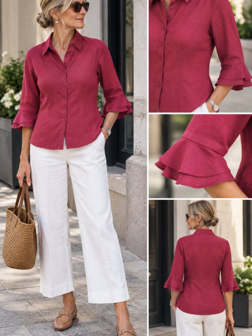 Melanie Lyne 100% Linen Raspberry Ruffle Sleeve Blouse Size M PTP20